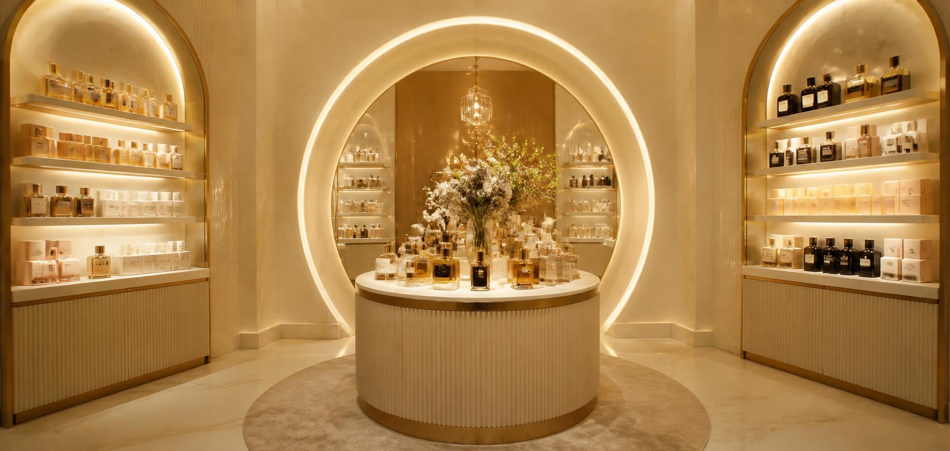 The Shared Secrets luxury beauty boutique, with illuminated arched displays of perfume and skincare